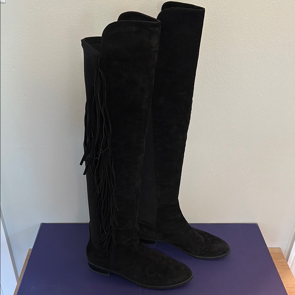 WORN ONCE Stuart Weitzman Black Suede Fringe 5050 Over-the-Knee Boots Mane - Picture 2 of 11